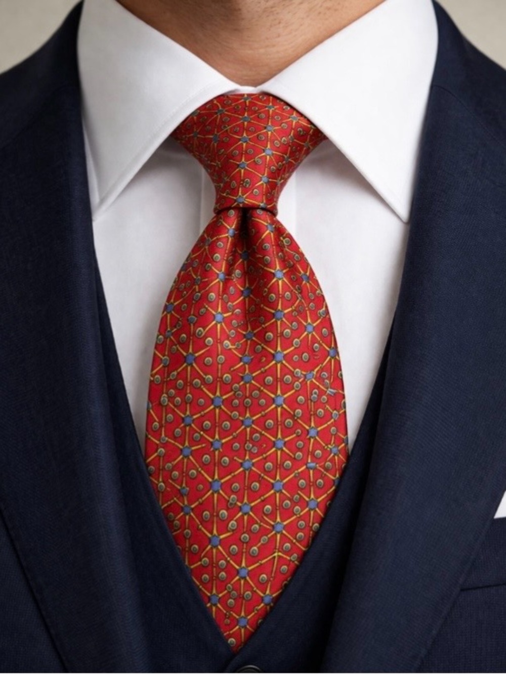 Hermes Paris 100% Silk Tie France Red Gold Geometric Starburst Luxury Style 7864